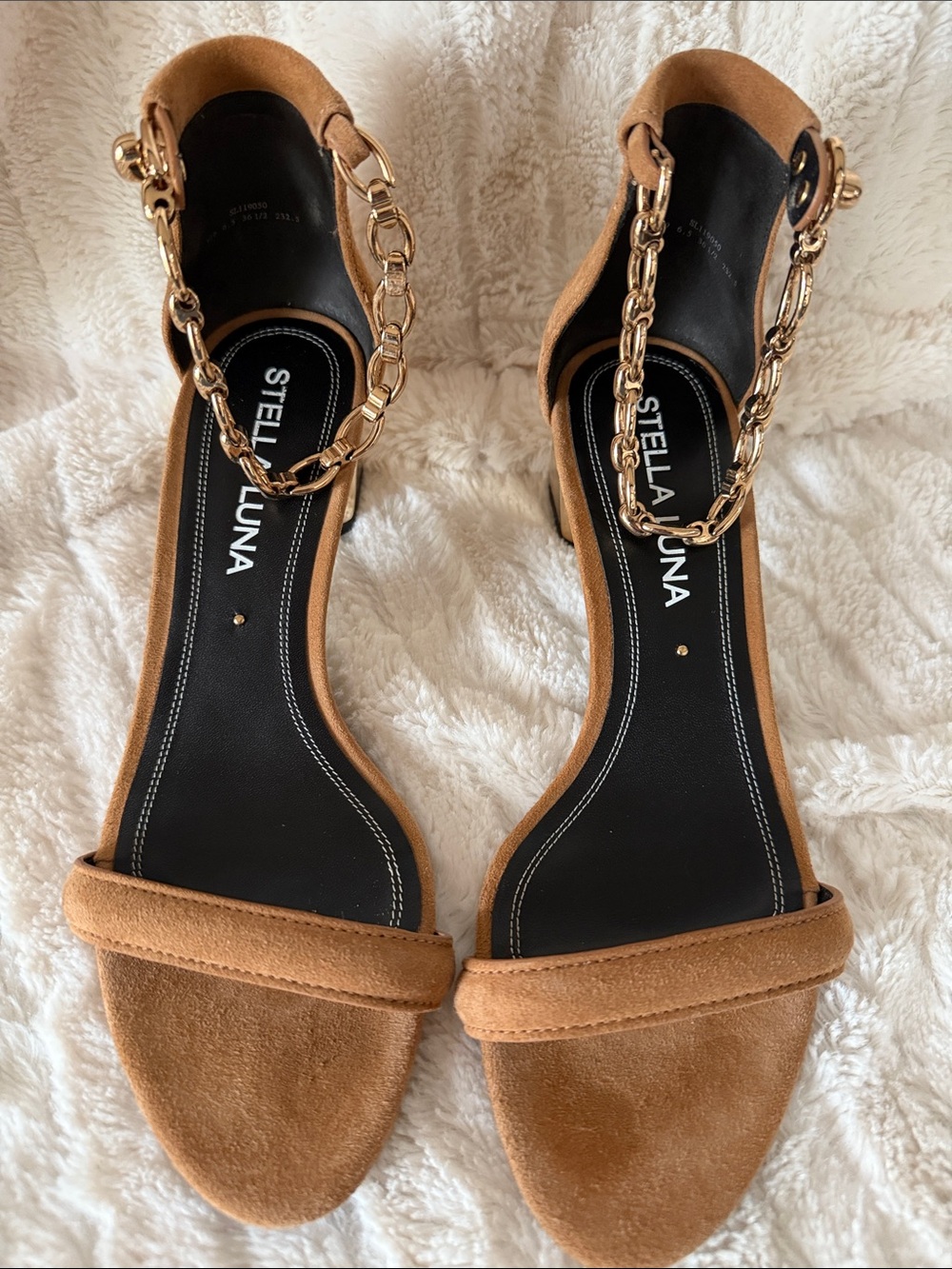 Stella Luna Tan Suede Chain-Ankle Strap Sandals